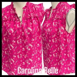 Carolina Belle Pink/Navy Micro Floral Ruffle Neck Sleeveless Top (S)